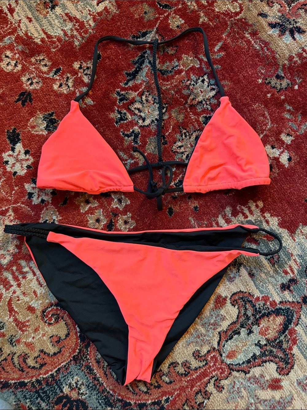 Neon Coral Reversible Triangle Bikini Set - Black Trim